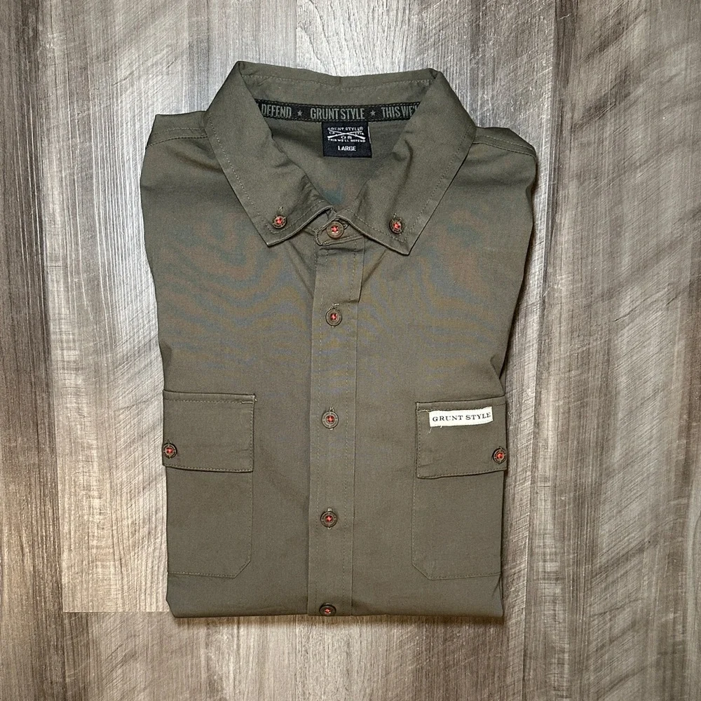 Grunt Style Army Green Short Sleeve Button Down - Large